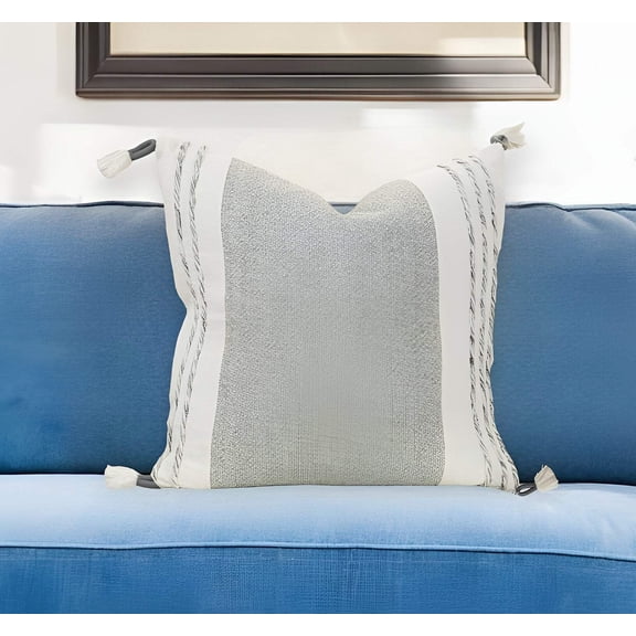 20" Gray and White Color Block Cotton Throw Pillow With Tassels