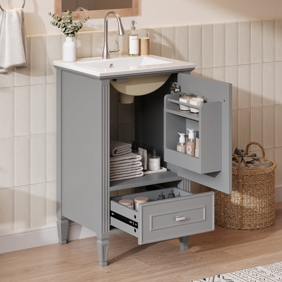 20" Green Bathroom Vanity with Ceramic Sink, Solid Wood Legs - Soft-Close Drawers & Doors