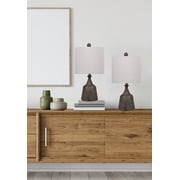 20 Grey-Brown Polyresin Table Lamp w/ Faux Wood Grain Texture & Off-White Linen Shade Set of 2