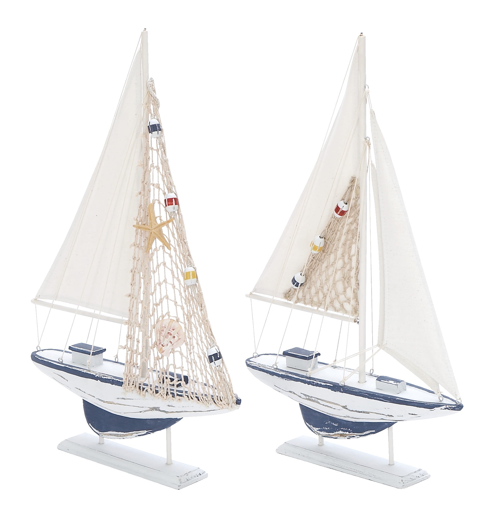 White and Blue Pine Wood Nautical Sail Boat Sculpture Set