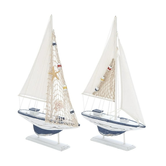 DecMode White Wood Sail Boat Handmade Decorative Sculpture, 2 Set of 20"H, 13"W