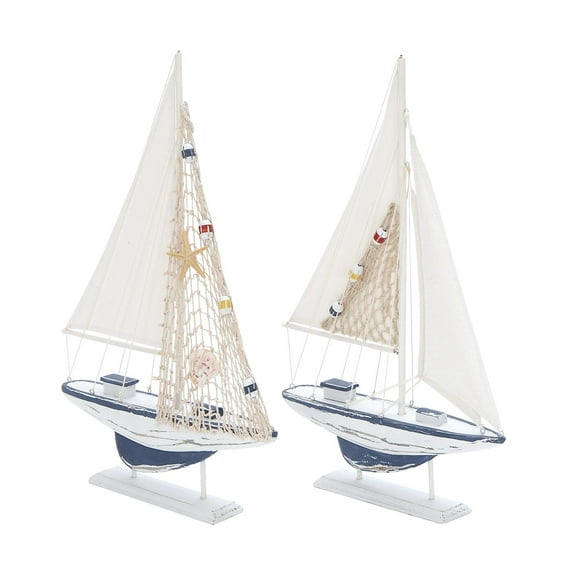 DecMode White Wood Sail Boat Handmade Decorative Sculpture, 2 Set of 20"H, 13"W