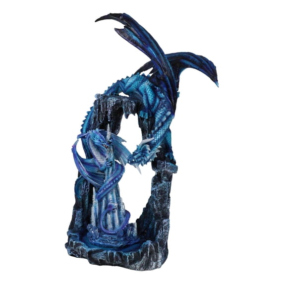 20"H Large Blue Frozen Dragon On Arch With Wyrmling By Ice Stalagmite Statue