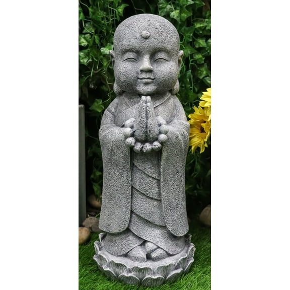20"H Large Jizo Buddha Monk With Prayer Beads On Lotus Throne Garden Statue