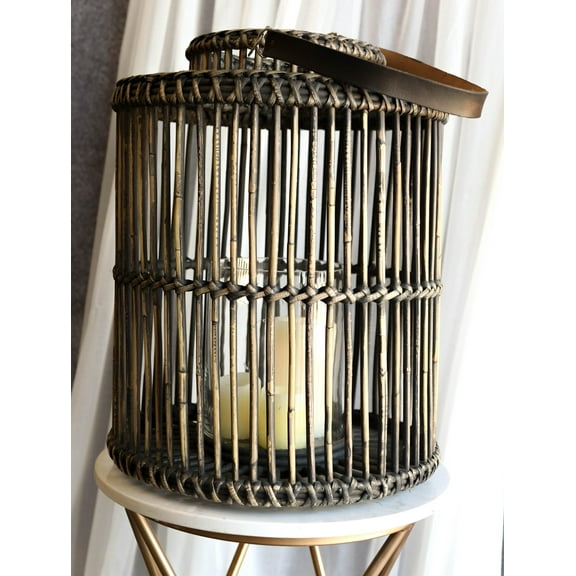 20"H Rustic Western Farmhouse Dark Rattan Wood Candle Holder Lantern With Hanger