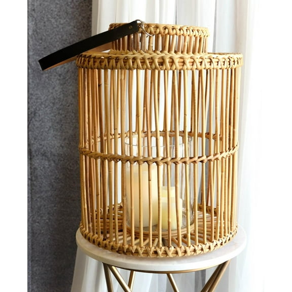 20"H Rustic Western Farmhouse Rattan Wooden Candle Holder Lantern With Hanger
