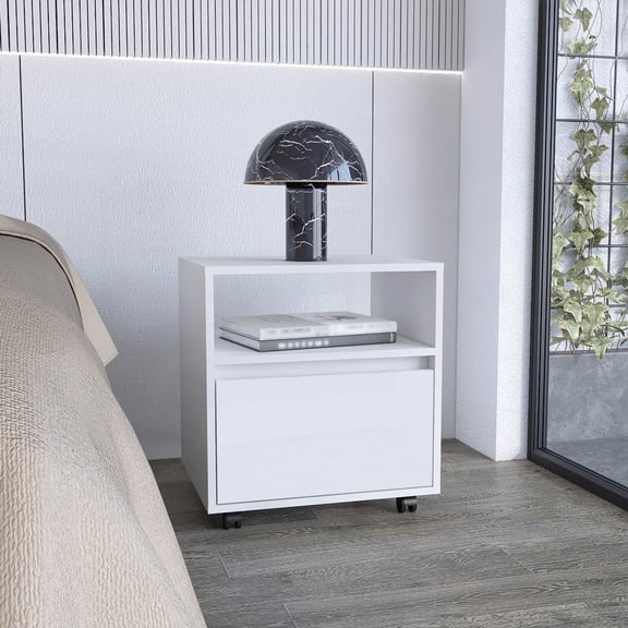 20"H White Nightstand Having 1 Drawer and 1 Open Shelf with Casters, Spacious Top Surface