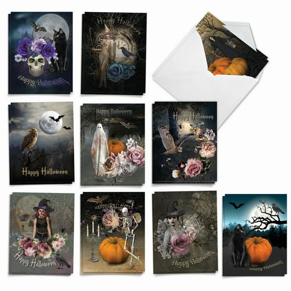 20 Halloween Note Cards Pack (10 Designs, 2 Each) - Ghoulish Greetings Halloween (4" x 5.12") AM9147HWG-B2x10