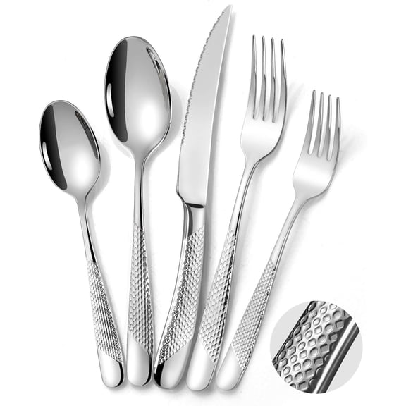 20- Hammered Silverware Set for 4,18/10 Stainless Steel Flatware Set with Serrated Forged ,Heavy Duty Cutlery Set for & Party Restaurant,Mirror Polished, Dishwasher Safe
