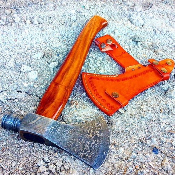 20" Hand Forged Danascus Wood Handle Hatchet Outdoor Camping Hunting Axe Sheath