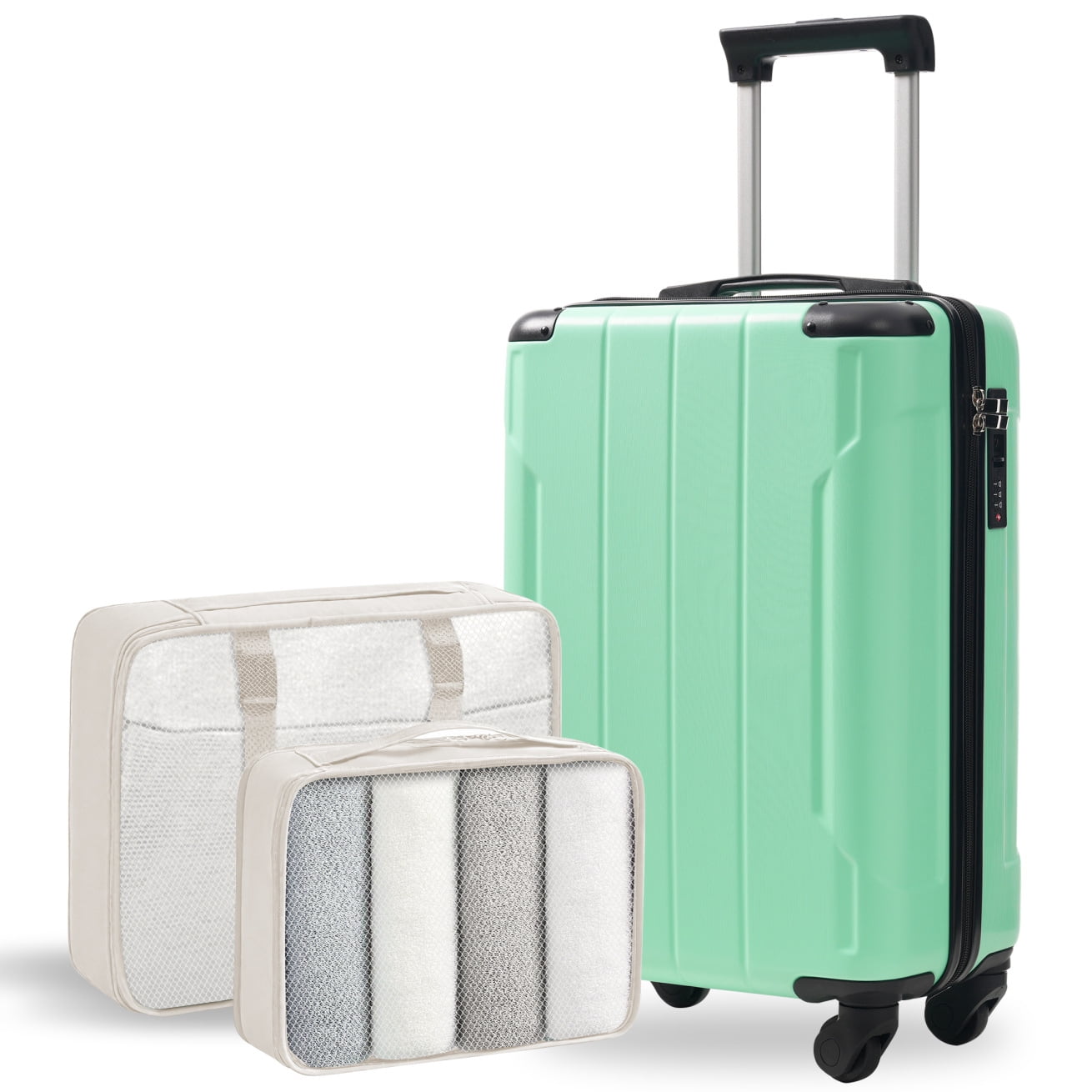 20'' Hardshell Carry On Luggage with 360 °Quiet Spinner Wheels,Lightweight Durable ABS Suitcase with Built in TSA Lock,3 Level Adjustable Handle and 2 Packing Cubes,for Business,Travel,Creamy Green