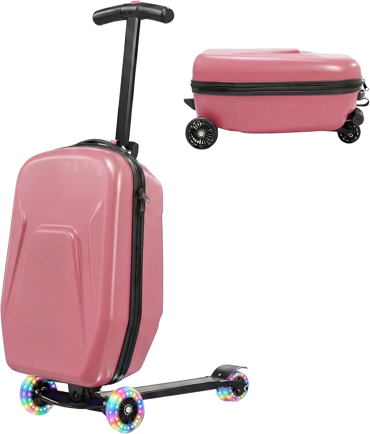 20" Hardshell Scooter Suitcase for Kid & Adult Foldable 2 in 1 Ride on Carry on Travel Trolley Scooter Luggage With Wheels Pink