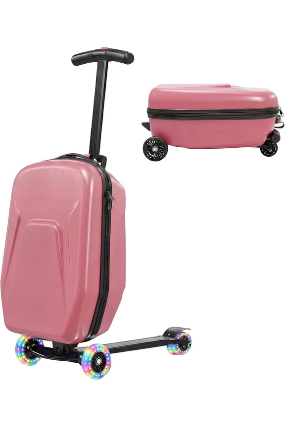 20" Hardshell Scooter Suitcase for Kid & Adult Foldable 2 in 1 Ride on Carry on Travel Trolley Scooter Luggage With Wheels Black