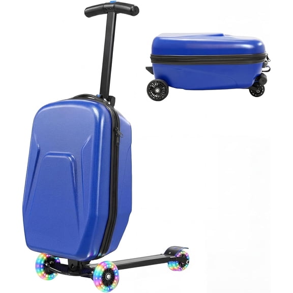 20" Hardshell Scooter Suitcase for Kid & Adult Foldable 2 in 1 Ride on Carry on Travel Trolley Scooter Luggage With Wheels Blue