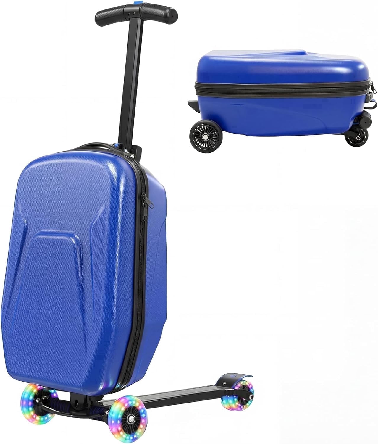 20" Hardshell Scooter Suitcase for Kid & Adult Foldable 2 in 1 Ride on Carry on Travel Trolley Scooter Luggage With Wheels Blue