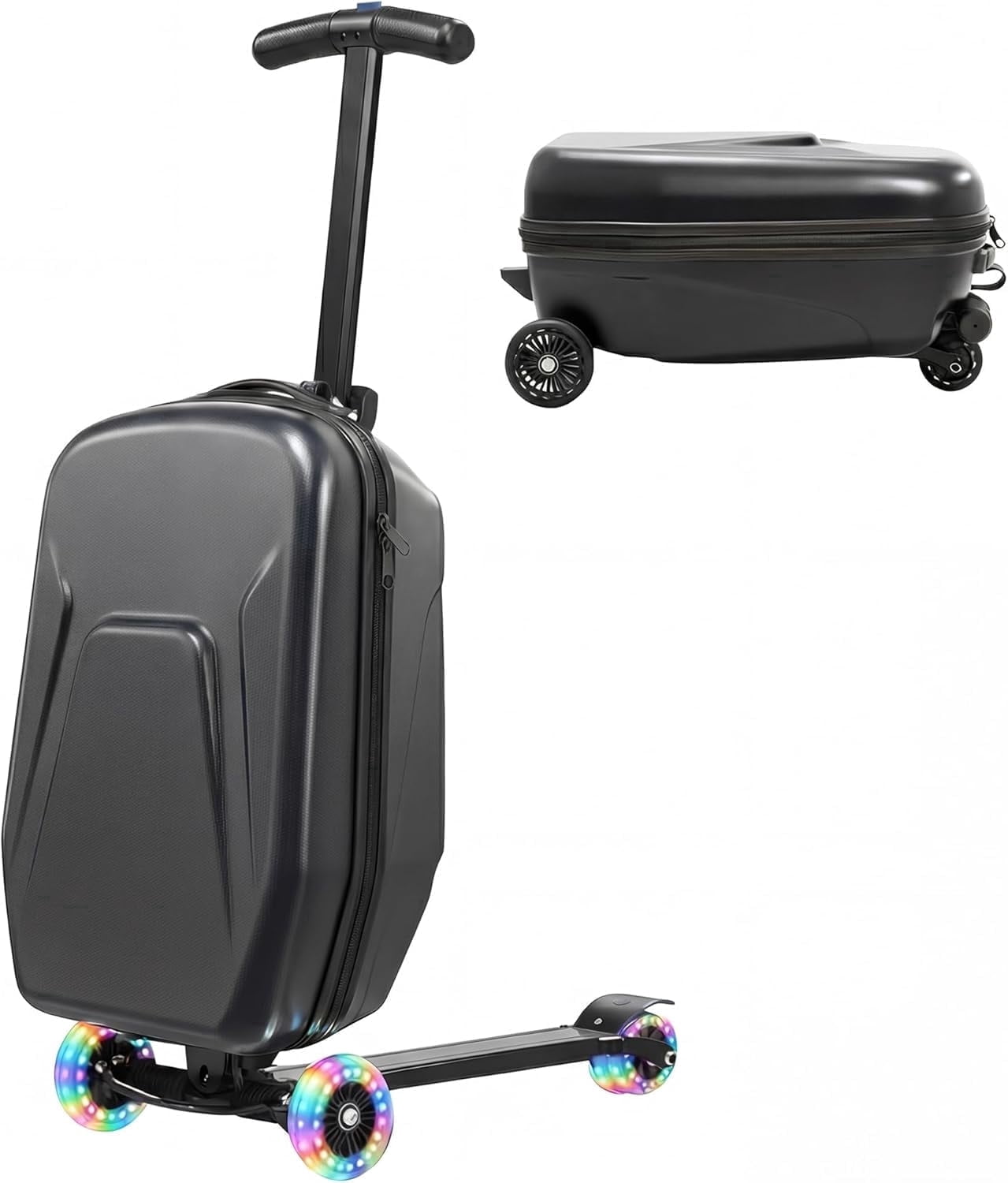 20" Hardshell Scooter Suitcase for Kid & Adult Foldable 2 in 1 Ride on Carry on Travel Trolley Scooter Luggage With Wheels Black