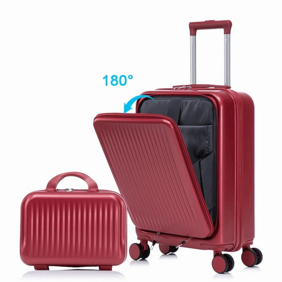 20" Hardside Carry On Luggage with 14" Cosmetic Case, Front Compartment Rolling Suitcase, 360 Spinner Wheels, Telescopic Handle, Lightweight & Stylish Travel Gift, Red