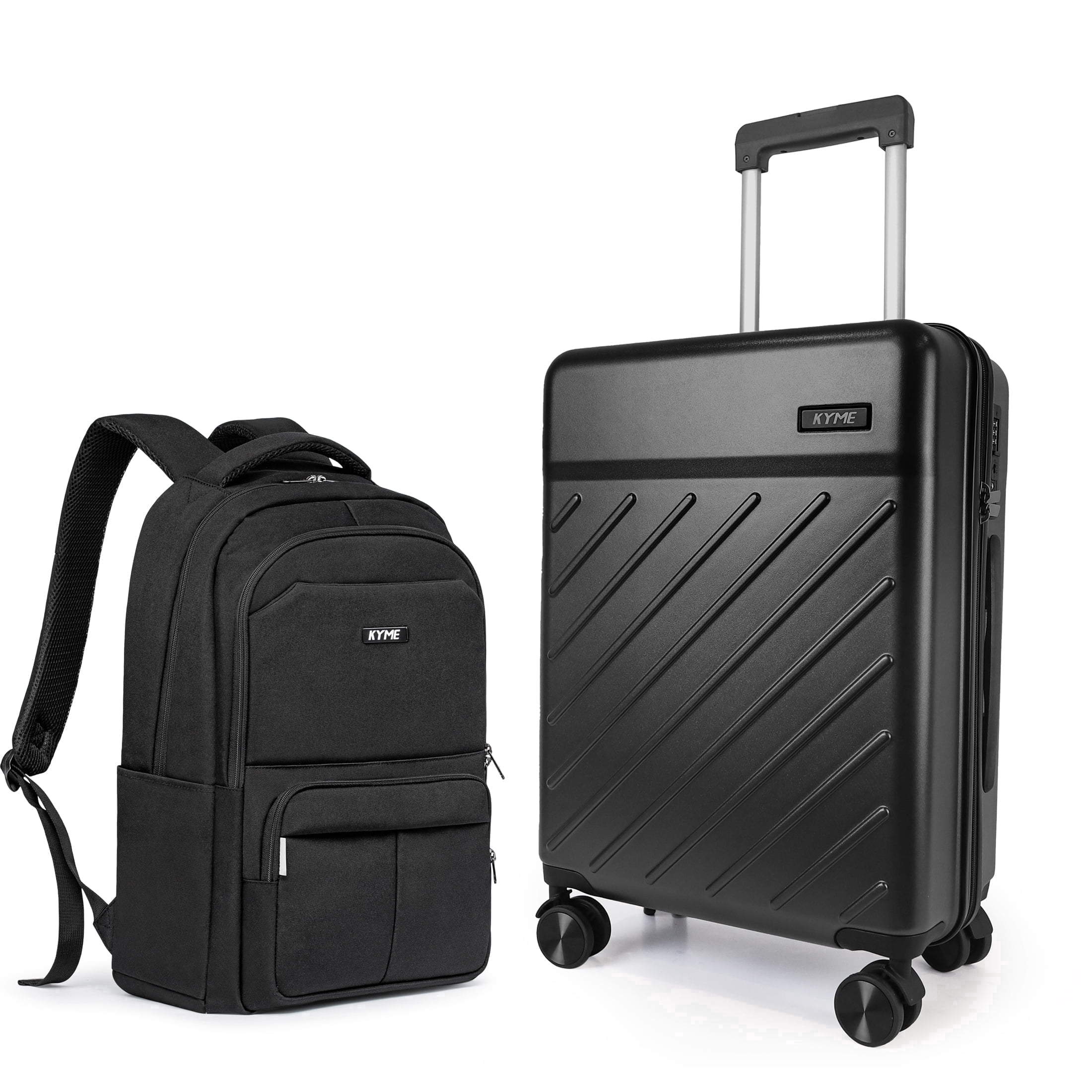 20" Hardside Carry-on Luggage, 2-Piece Set (Luggage and Backpack), Hardshell Suitcase with Divider Pockets, Four Multi-Directional Spinner Wheels, Scratch-Resistant Surface, Black