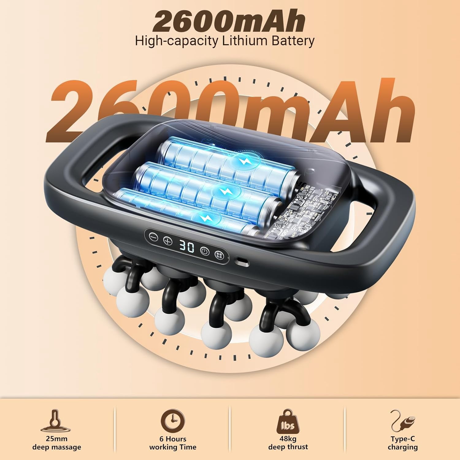 20 Head Massage Gun Deep Tissue, 2026 Upgrade Back Muscle Massager with 3 Modes & 30 Intensities, 2600mAh Battery Quiet Percussion Massager for Legs, Waist, Back Pain Relief