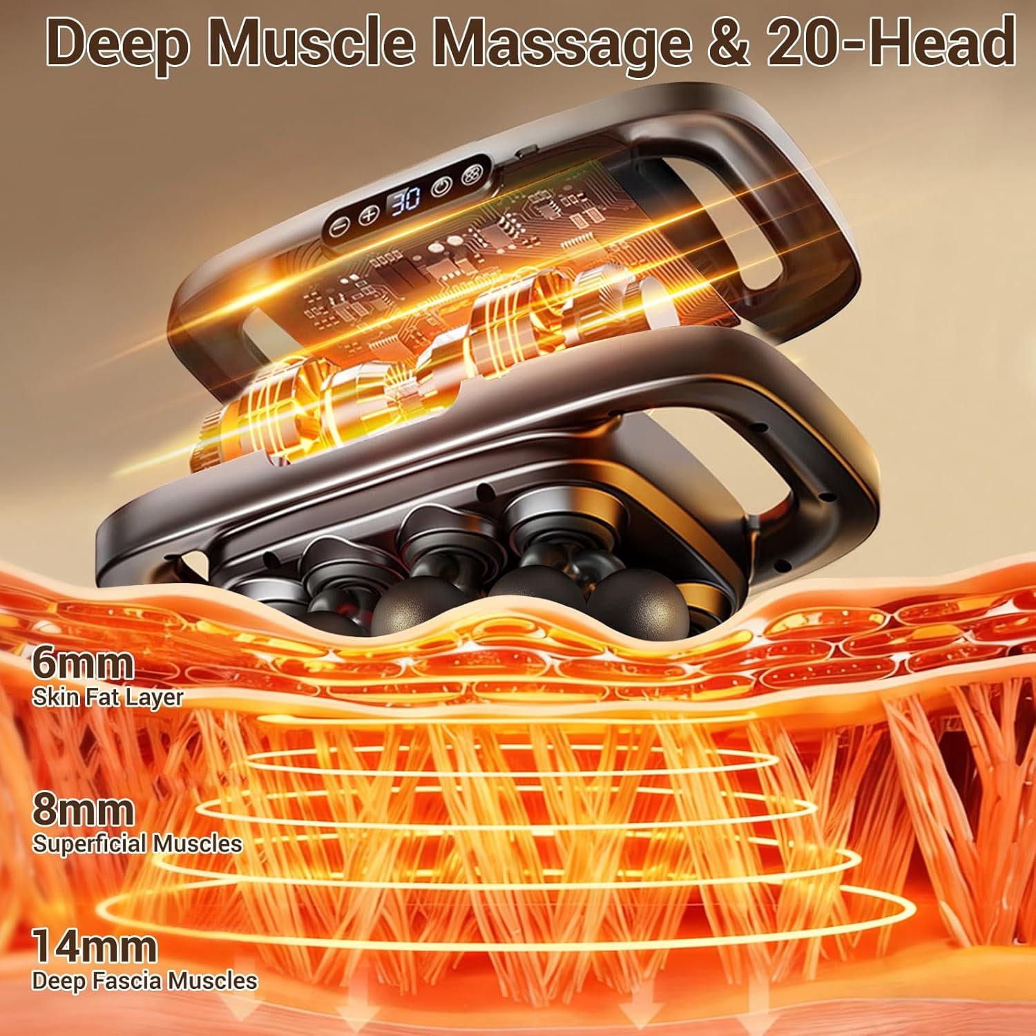 20 Heads Deep Tissue Massage Gun with 3 Modes & 30 Levels - Ultra-Quiet Handheld Body Massager for Back Neck Shoulders Legs
