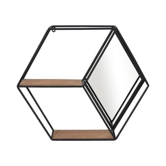 20" Hexagon Mirror Wall Shelf Contemporary Metal and Wood Rustic Mounted Wall Shelf for Home or Office - 22" x 6" x 20"