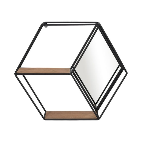 20" Hexagon Mirror Wall Shelf Contemporary Metal and Wood Rustic Mounted Wall Shelf for Home or Office - 22" x 6" x 20"