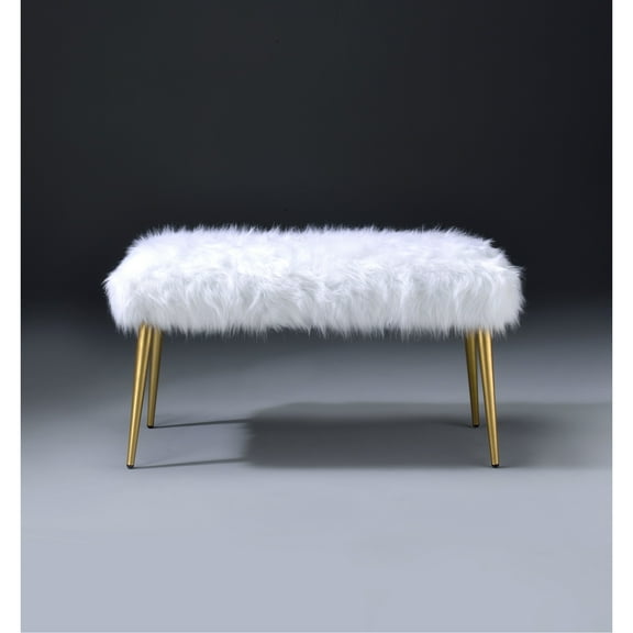 20" High Bench With White Faux Fur Seat And Gold Metal Base 300lb Capacity