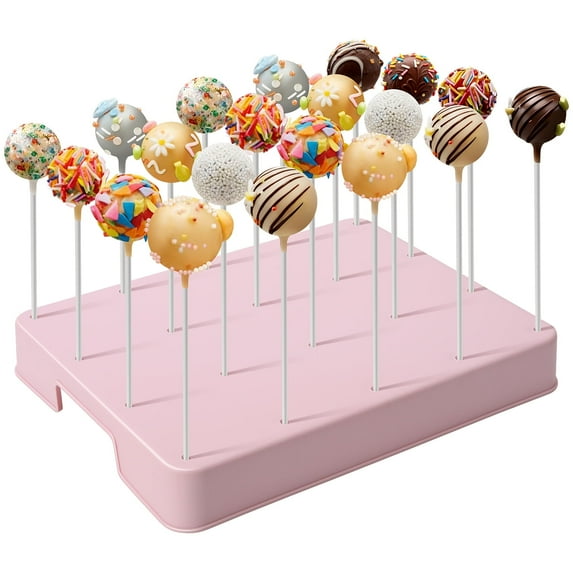 20-Hole Cake Pop Stand with Sticks, Bags, and Gold Twist Ties – White Lollipop Holder Display for Cake Pops, Candy Pops, Parties and Dessert Tables