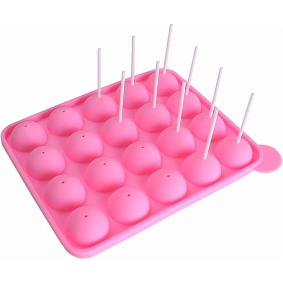 20-Hole Round Lollipop Silicone Mold for Home Baking, Spherical Cake Pop Tray with 20 Sticks, Flexible Reusable Chocolate Candy Mold for DIY Desserts, Pink, 1 Set
