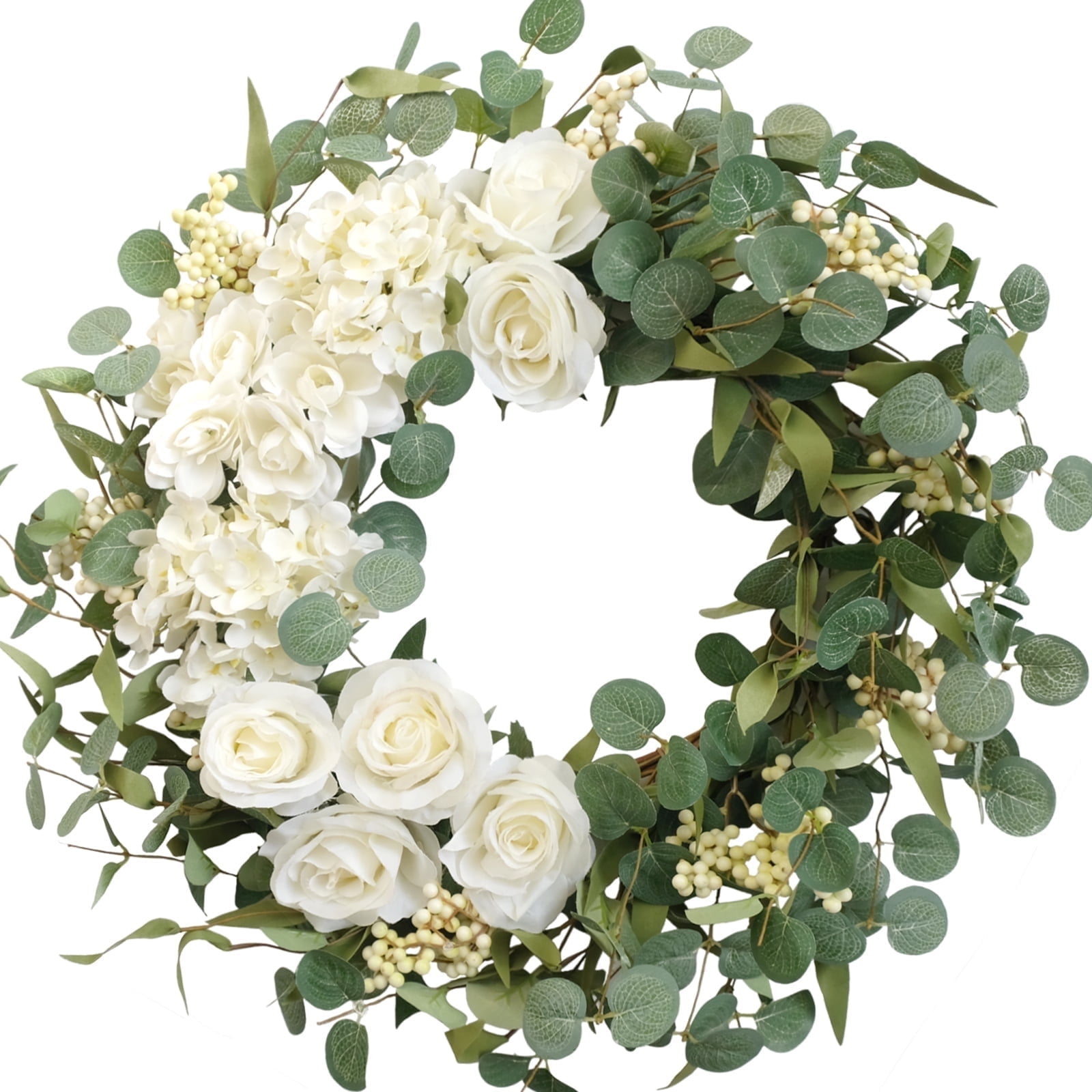 20" Hydrangeas Spring Wreath for Front Door, Artificial Summer Green Wreaths with White Peony Flowers for Farmhouse Home Wedding Party Wall Windows Outdoor Decor（White）