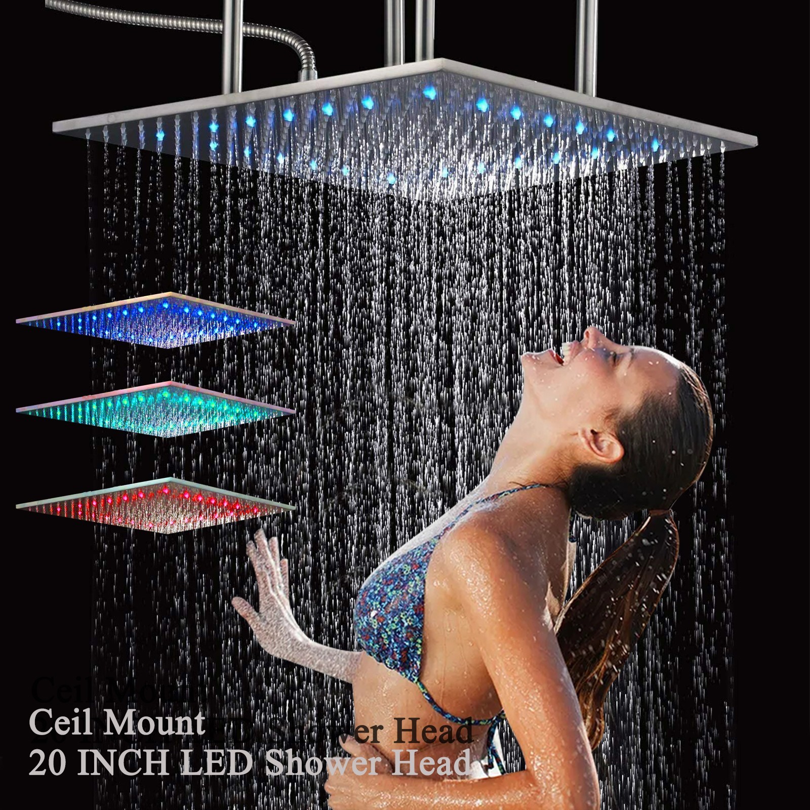20 INCH Shower Head Ceiling Mount LED Rainfall Showerhead Square ...
