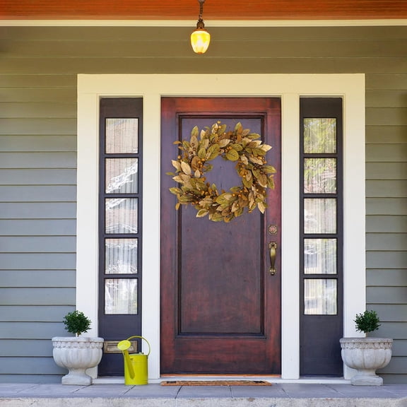 20 In Artificial Fall Wreath - Autumn Wreath, with Brown Magnolia Leaves & Small Pomegranate, Fall Decor, for Front Door Wall Fireplace