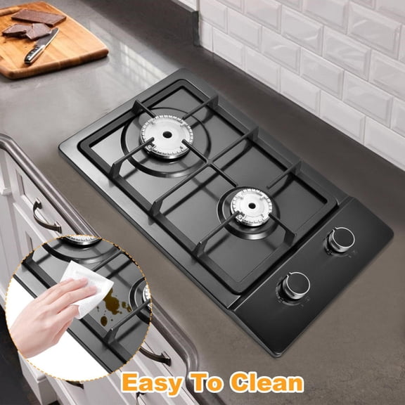 20 Inch 2 Burner Gas Cooktop, Gas Stove with Thermocouple Safety Feature, Compatible with LPG/NG, Built-In Tempered Glass for Apartments, Indoor Use, And Rvs