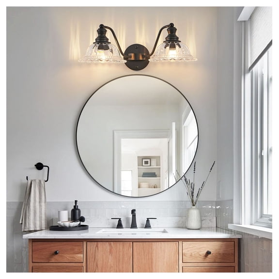 20 Inch 2-Light Bathroom Wall Sconce  Black Metal & Glass Vanity Light Fixture for Bathroom, Hallway, Bedroom  E26 Bulb Socket (Bulb Not Included)