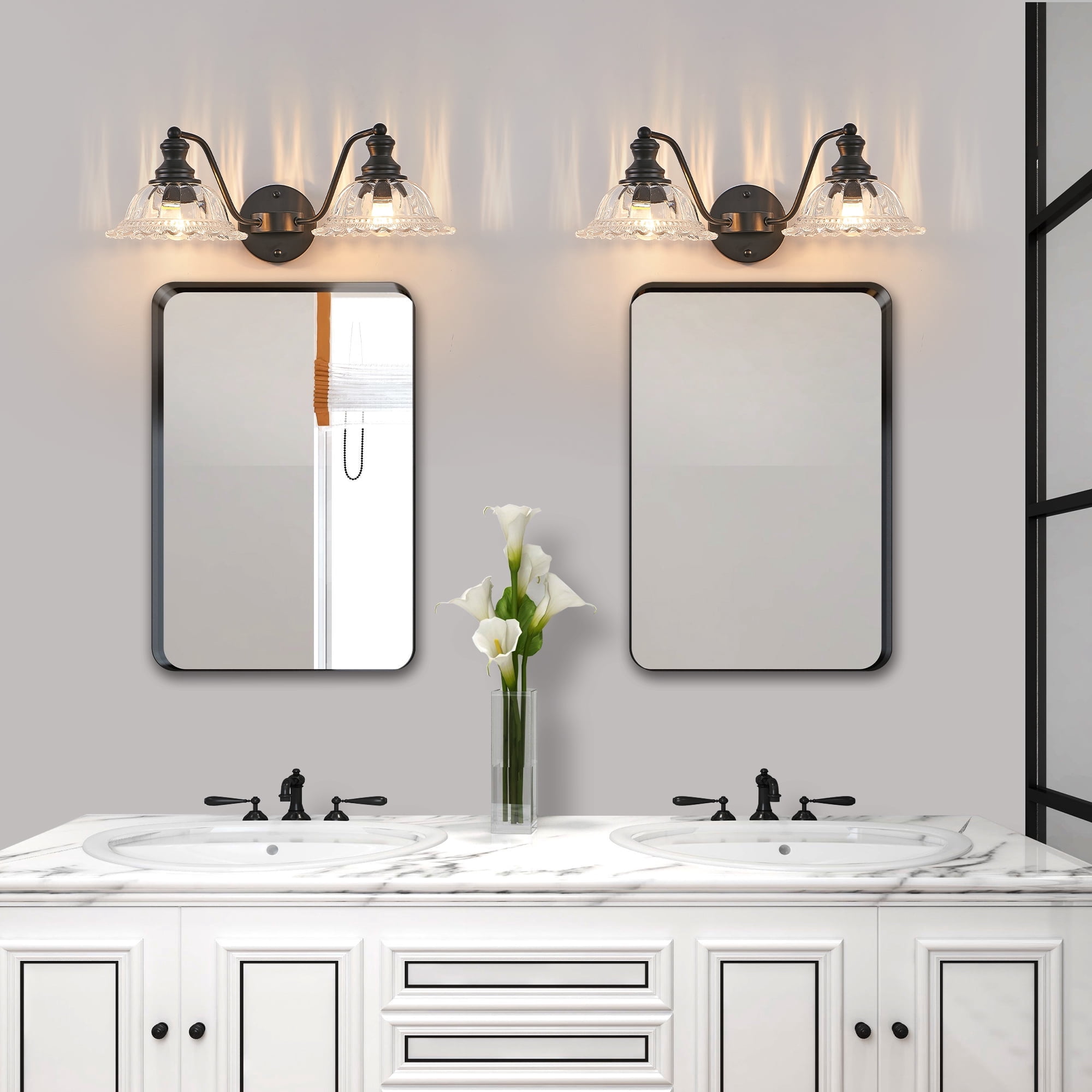 20 Inch 2-Light Vintage Bathroom Wall Sconce – Elegant Black Metal and Glass Lampshade Vanity Light Fixture for Bathroom, Hallway, or Bedroom (Bulb Not Included)