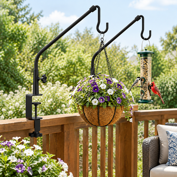 20 Inch 2 Pack Garden Shepherd Hooks, Railing Mount Hangers for Outdoor Use