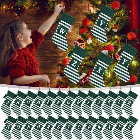 20 Inch 26 Letter Initial Pattern Embroidered Christmas Stocking Striped knitted Christmas Decorations Stocking White Green Letter Stockings for Family Holiday and Xmas Tree Fireplace Decor