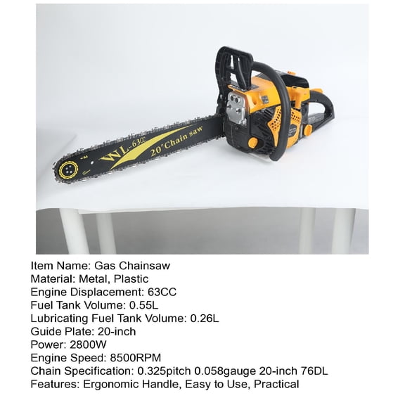 WETLA 20-Inch 63CC Gas Powered Chainsaw, 2 Stroke Handed Petrol Gasoline Chain Saw with Ergonomic Handle, Small Vibration Cordless Logging Saw Woodworking Tool