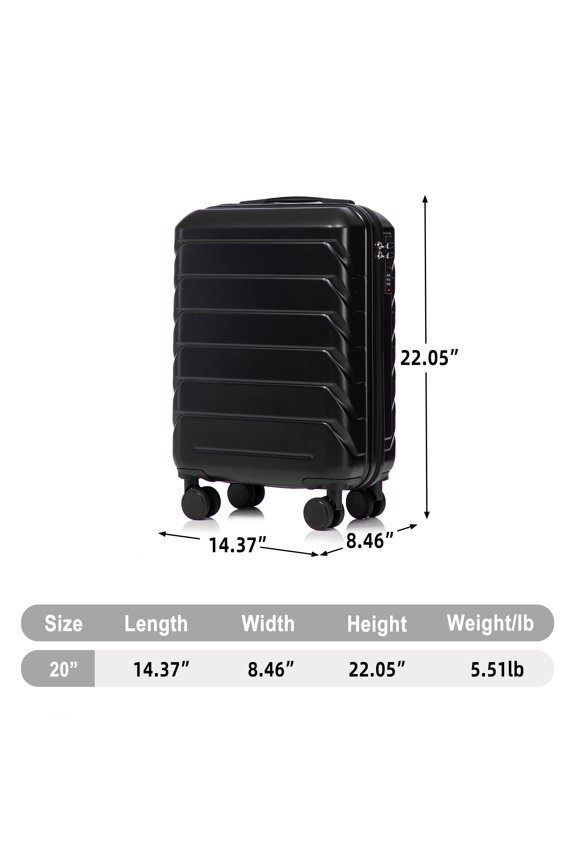 20 Inch ABS Hard Shell Luggage, Scratch Resistant, 4 Multi-Directional Wheels, Built-in Combination Lock, Lightweight Waterproof Travel Suitcase (Black)