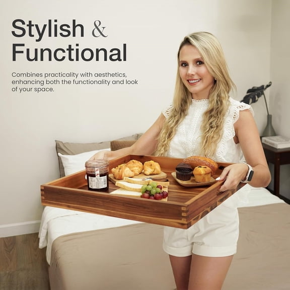 20 Inch Acacia Wood Ottoman Tray - Wooden Square Serving Tray with Handles - Extra Large Food Serving Trays for Decorative, Coffee Table, Breakfast in Bed - Charcuterie Trays Use for Kitchen