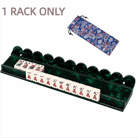 20 Inch Acrylic Mahjong Rack with Detachable Magnetic Pusher and Storage Bag (1 Rack Only), Green Marbled Scalloped Mahjong Tile Holder for American Mah Jongg