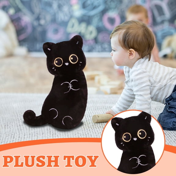 20 Inch Adorable Black Cat Plush Body Pillow, Soft Fluffy Stuffed Animal Cushion With Cute Big Eyes, Cozy Hugging Pillow For Napping, Cuddling, Decorative Throw Pillow For