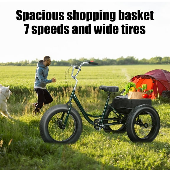 20 Inch Adult Tricycle, Snow Tires Tricycle, Drift Trike for Adult, 7 Speed Tricycle with Double Disc Brake, Three-Wheeled Bicycles for Seniors, 3 Wheel Bike with Spacious Shopping Basket-L