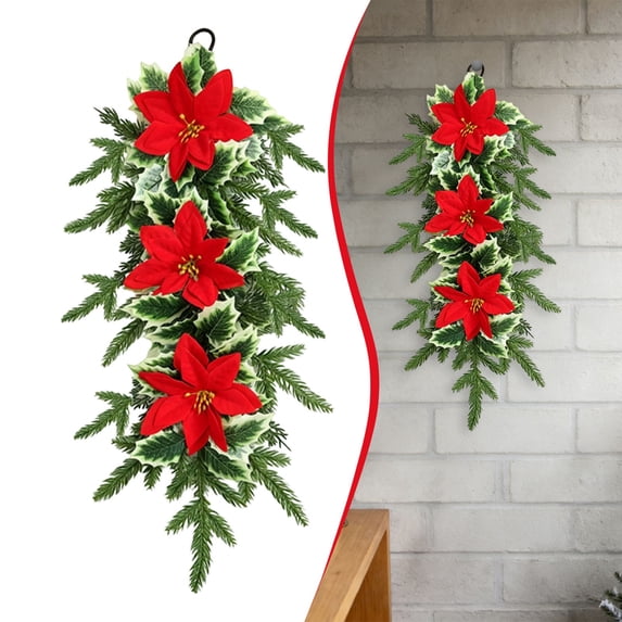 20 Inch Artificial Christmas Teardrop Door Swag, Decorated With Holly Leaves And Red Flowers, Winter Wall Ornament For Front Door Porch Entryway