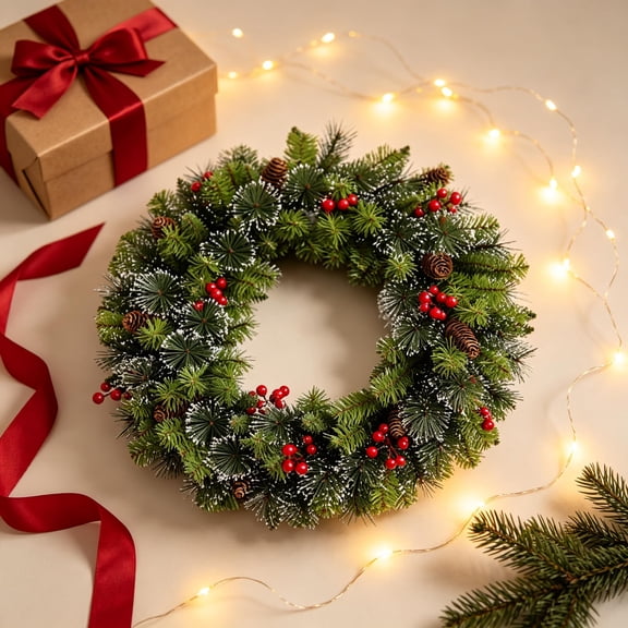 20 Inch Artificial Christmas Wreath with Pine Cones and Red Berry Decor, Snowy Pine Wreath for Front Door, Fireplace Mantel, Window and Holiday Home Decoration