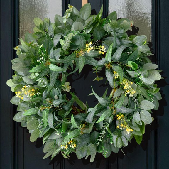 20 Inch Artificial Eucalyptus Wreaths for Front Door Outside- Green Year Round Wreath for Spring Summer Fall Winter- All Seasons Evergreen Hanging Decor for Farmhouse Home Firplace Porch,Window,Wall