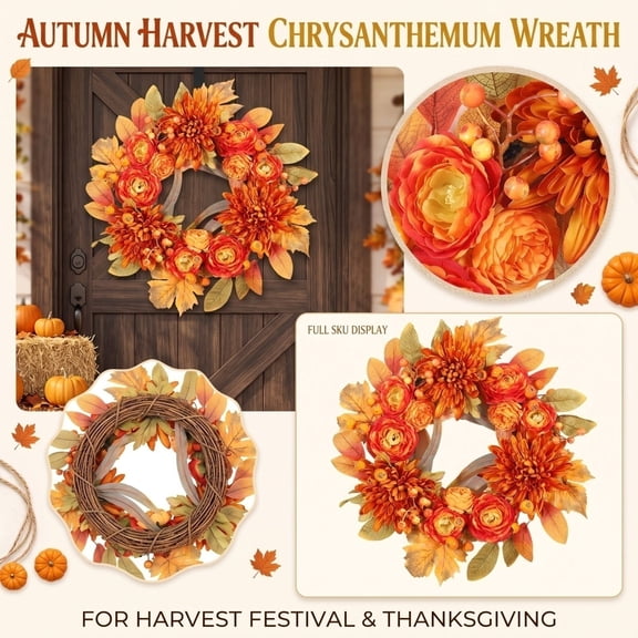 20 Inch Artificial Fall Wreath for Front Door, Harvest Thanksgiving Decor Wreath with Chrysanthemums, Maple Leaves & Magnolia Leaves, Indoor Outdoor Autumn Door Hanging Wreath