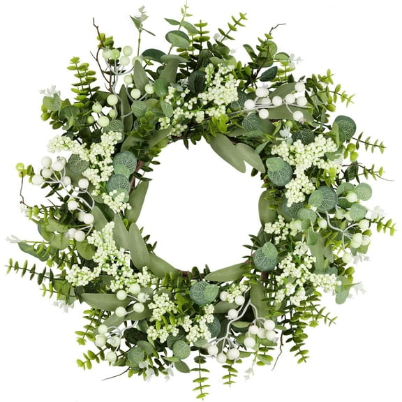 20-Inch Artificial Spring Christmas Greenery Wreaths for Front Door - Green Eucalyptus Leaf Wreath Decor Boxwood with Big Berries for Farmhouse Outside Year Round