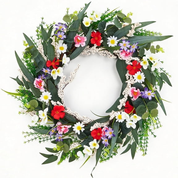 20 Inch Artificial Spring Flower Wreath for Front Door, Colorful Floral Door Wreath with Eucalyptus Leaves, Daisies, and Mixed Blooms for Indoor Outdoor Porch Wall Window Home Decor