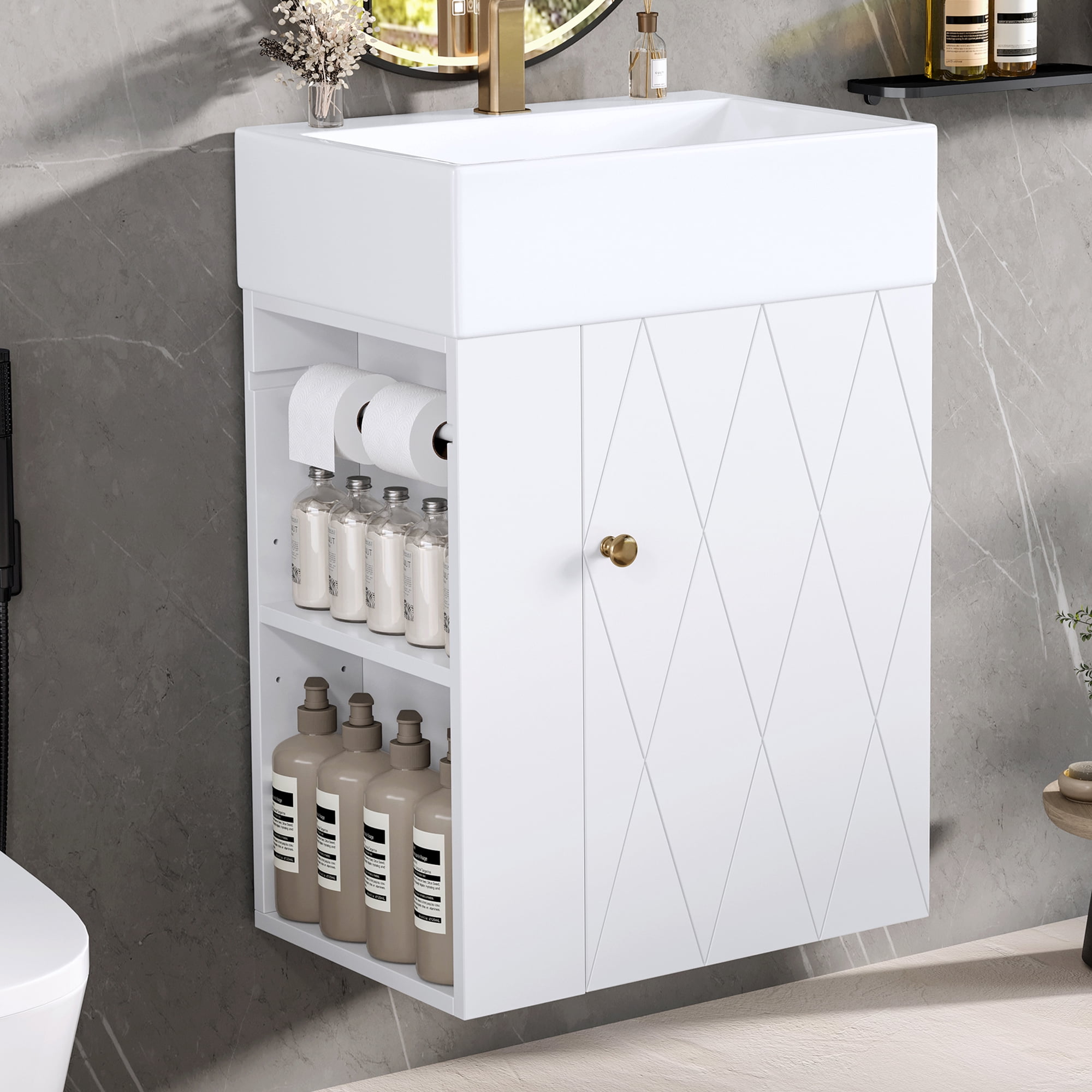 20 Inch Bathroom Vanity with Ceramic Sink, Diamond Pattern Door Design, Gold Handle & Side Storage Shelves – Modern Small Space Cabinet with Towel Bar, MDF Construction